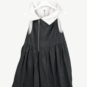 XD Xenia Cini Zip White Asymmetrical Collar Pleat Skirt Black Poly Over-Dress